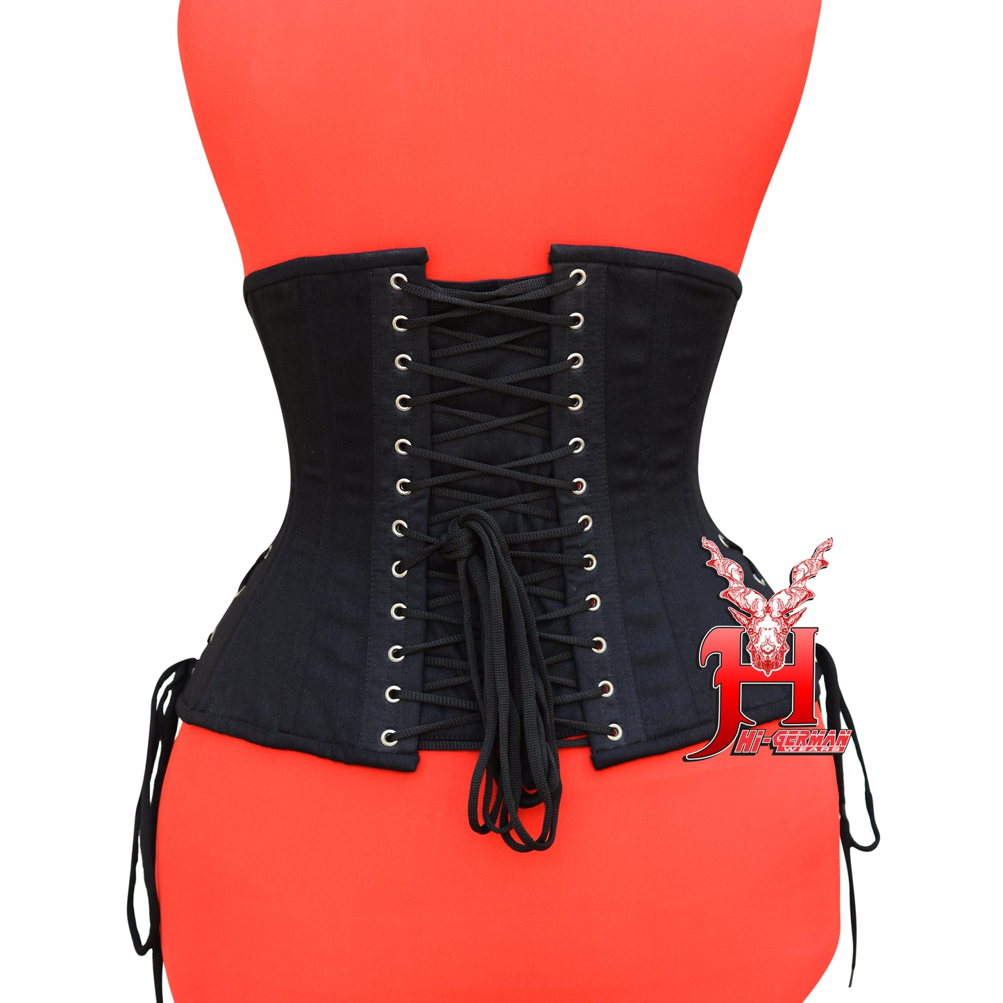 Unterbrustkorsett Damen – Black Cotton Double Steel Boned Short Torso Waist Trainer / Side Laces