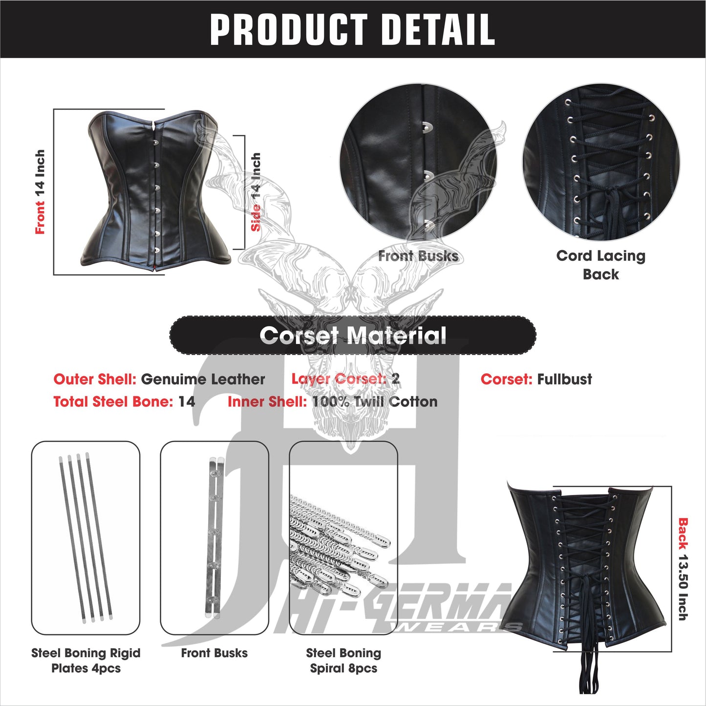 Women's Vollbrust Corsage Schwarz Leder Korsett Gothic Overbust Leather Corsets