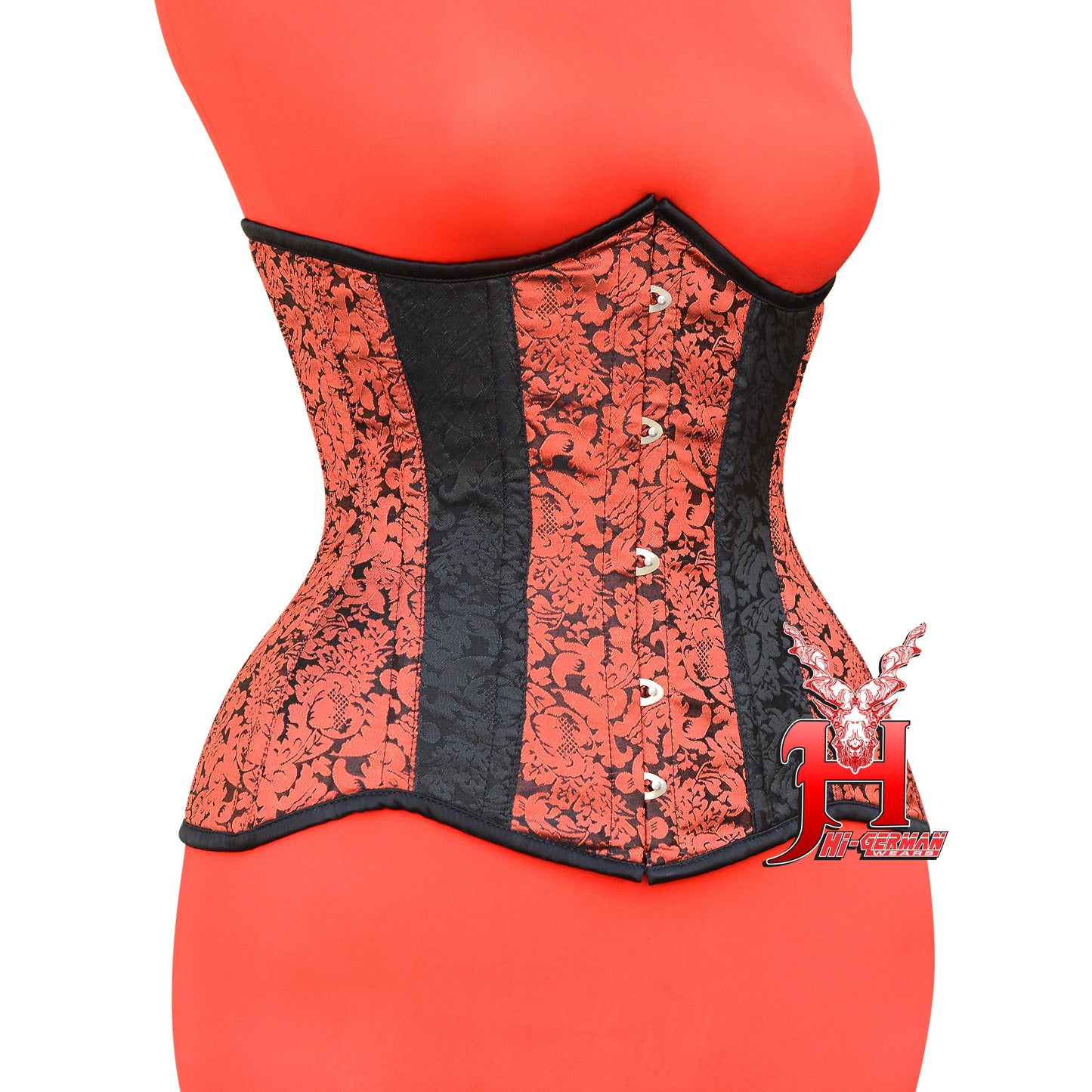 Underbust Black & Red Brocade Korsett Damen – Double Steel Boned Curvy Waist Trainer