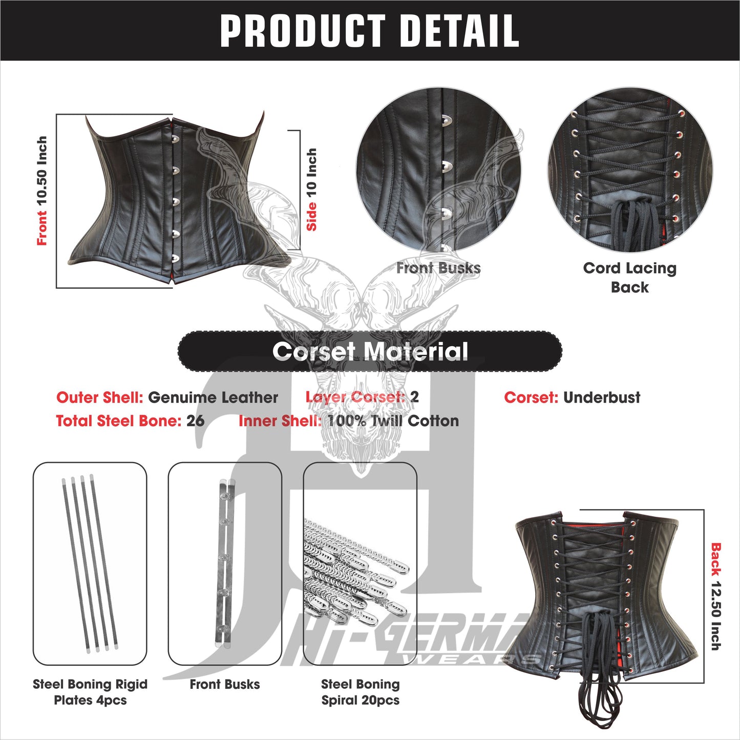 Women's Underbust Double Steel Boned Black Leather Waist Trainer Gothic Corsets