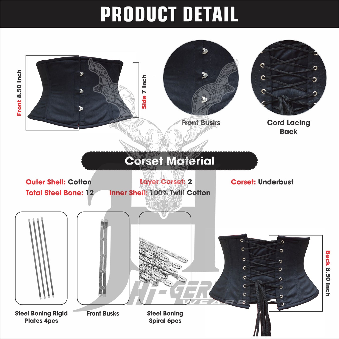 Women’s Underbust Black Cotton Steel Boned Waist Trainer Corset / Unterbrust Korsett Damen
