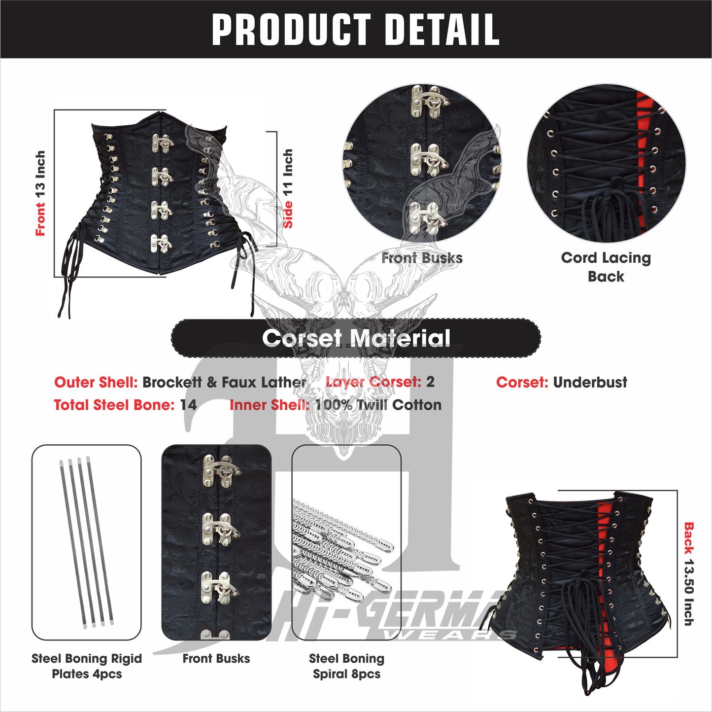 Underbust Black Brocade Corset for Women – Steel Boned with Front Claps & Side Laces Gothic Waist Trainer / Unterbrust Korsett Damen