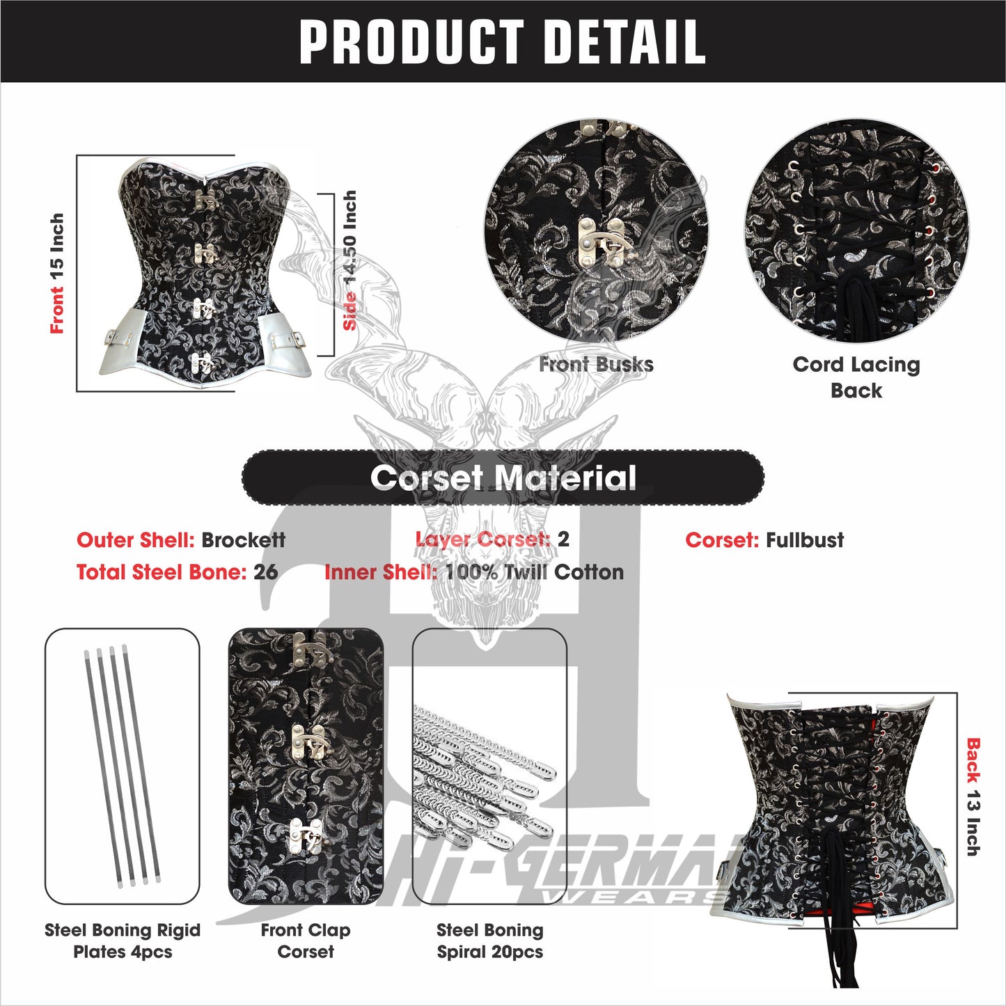 Silver Brocade Overbust Korsett Damen – Faux Leather Steampunk Top