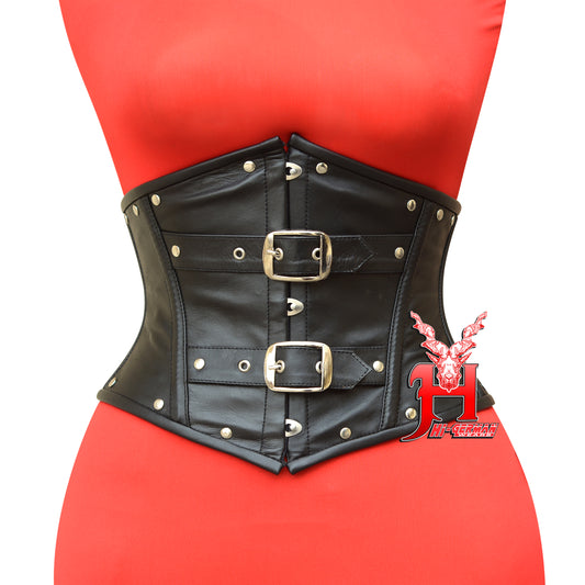 Women's Genuine Leather Corset Belt-Short Body Shaper Waist Trainer Steel Boned Corset