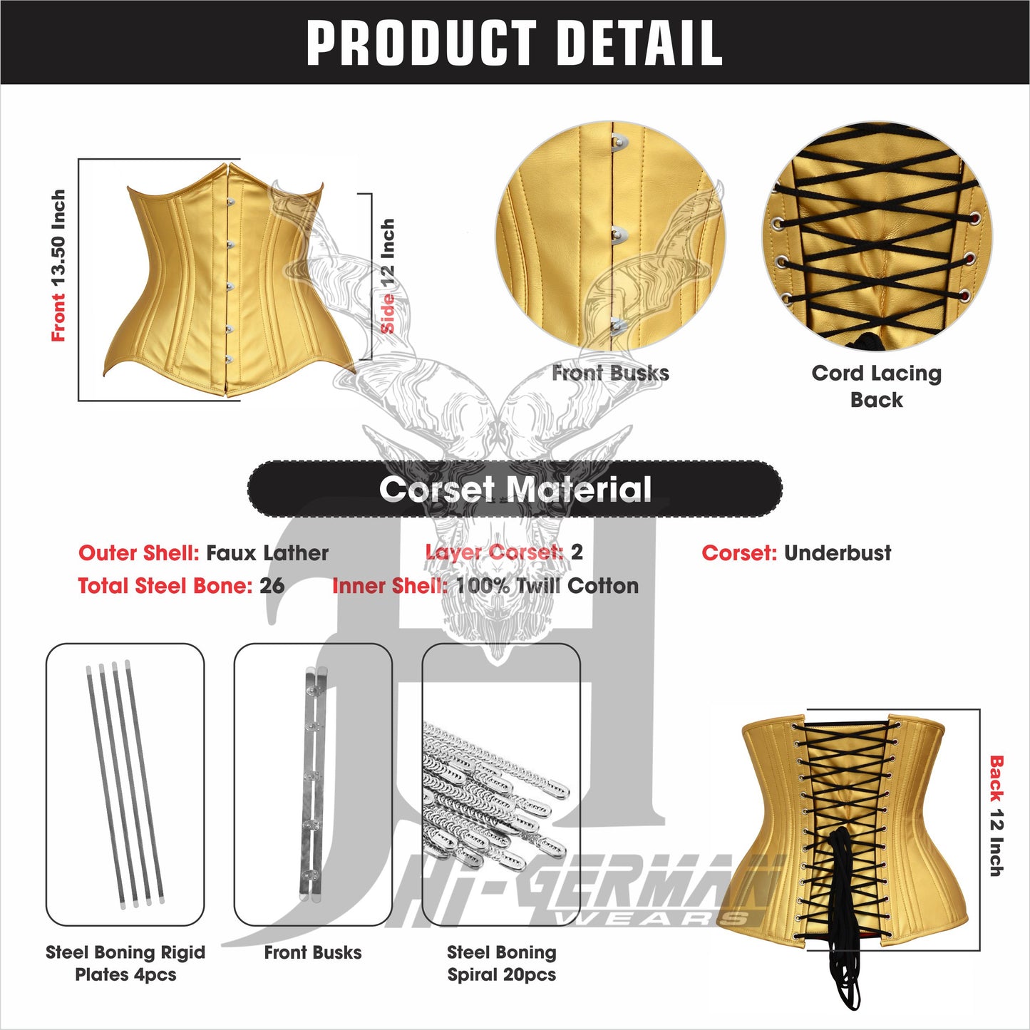Women's Heavy Duty Steel Boned Underbust Waist Training Yellow / Gold Faux Leather Corset