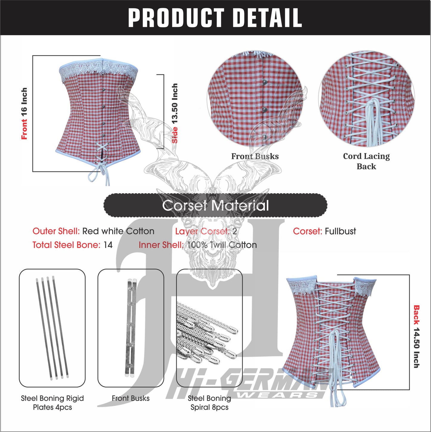 Vollbrustkorsett Damen – Red & White Checkered Cotton Overbust Corset / Corsage