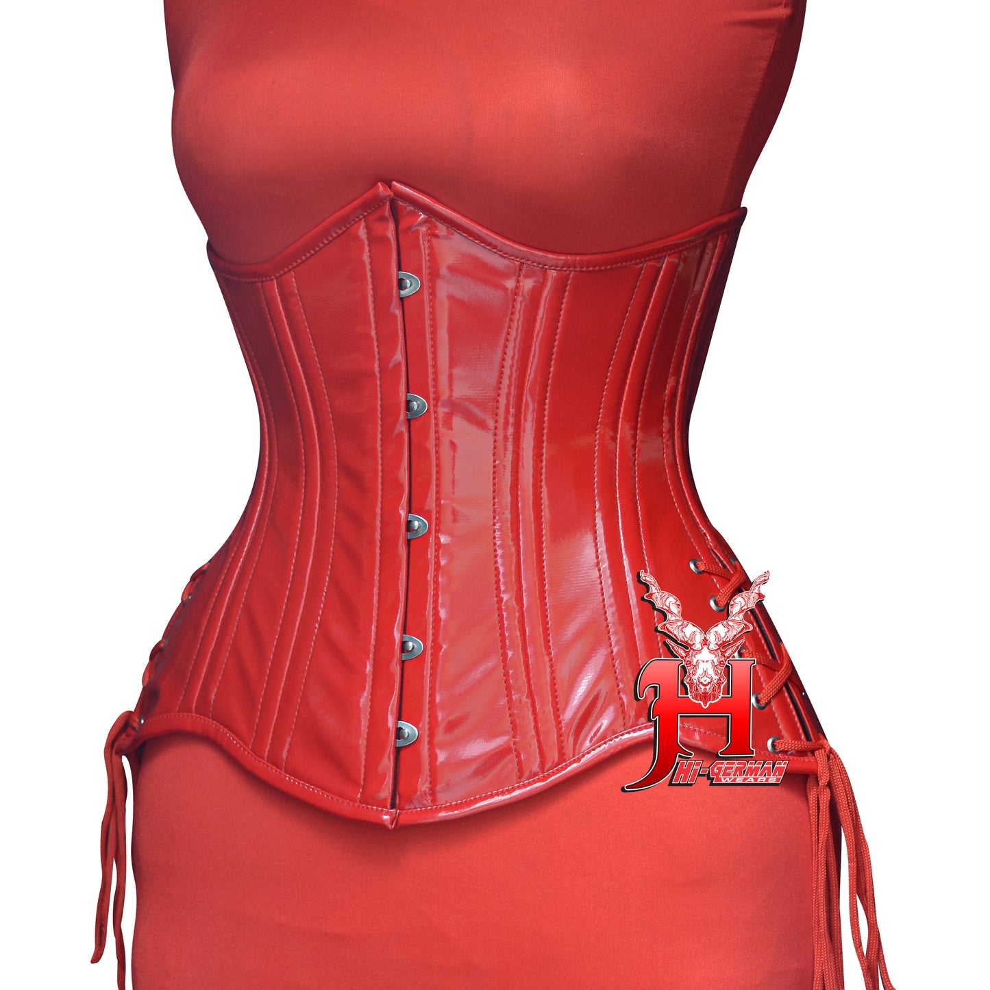 Women’s Underbust Red PVC Double Steel Boned Corset with Side Laces | Unterbrust Korsett Rot