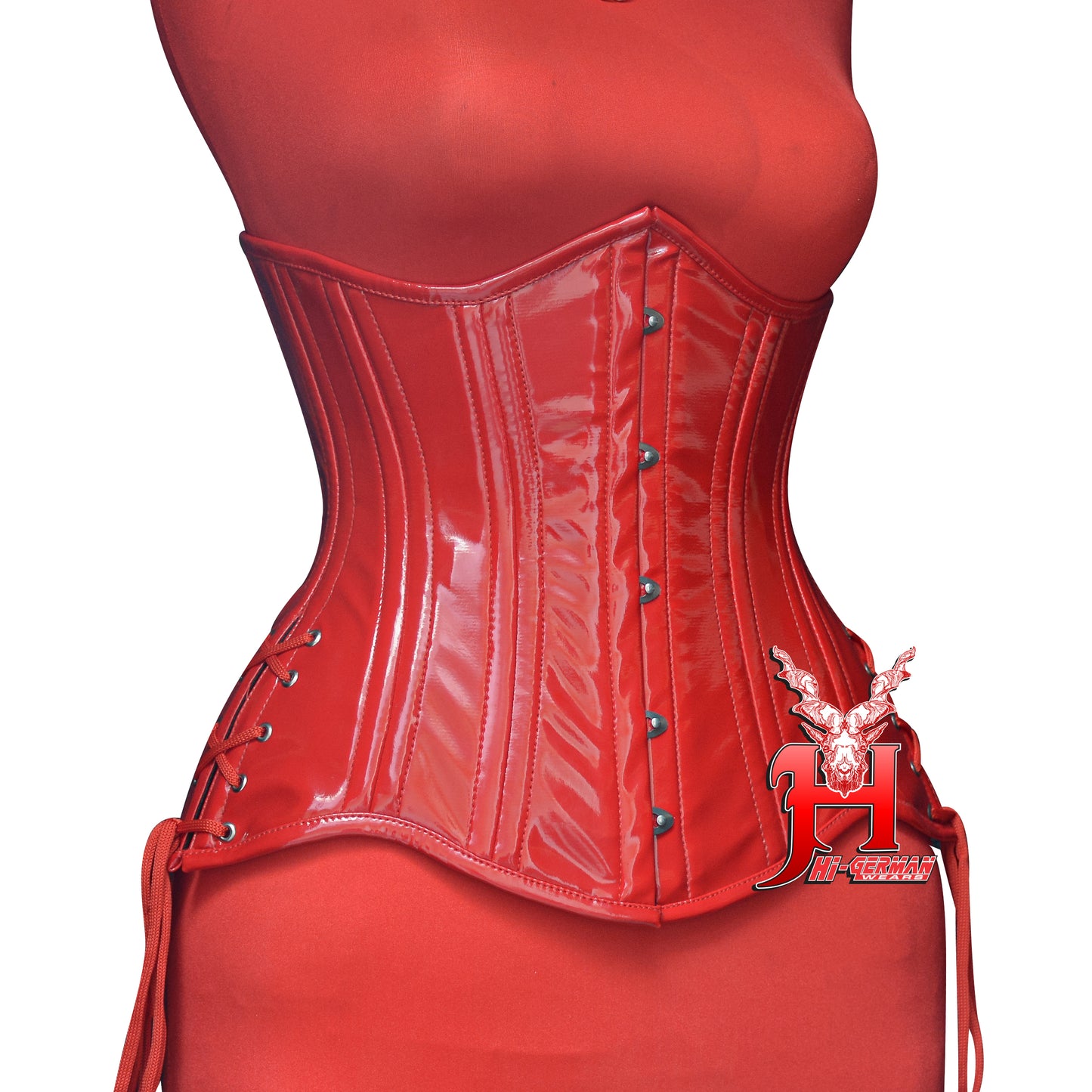 Women’s Underbust Red PVC Double Steel Boned Corset with Side Laces | Unterbrust Korsett Rot