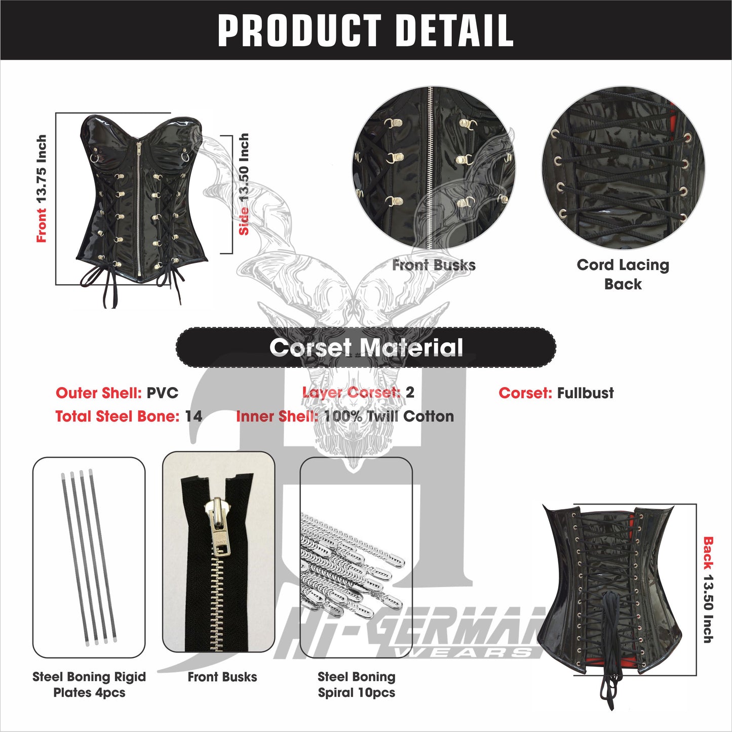 Women’s Overbust Red PVC Corset – Shiny Latex-Look – Zipper Front & Side Lacing – Steel Boned Gothic Clubwear | Overbust Korsett Rot