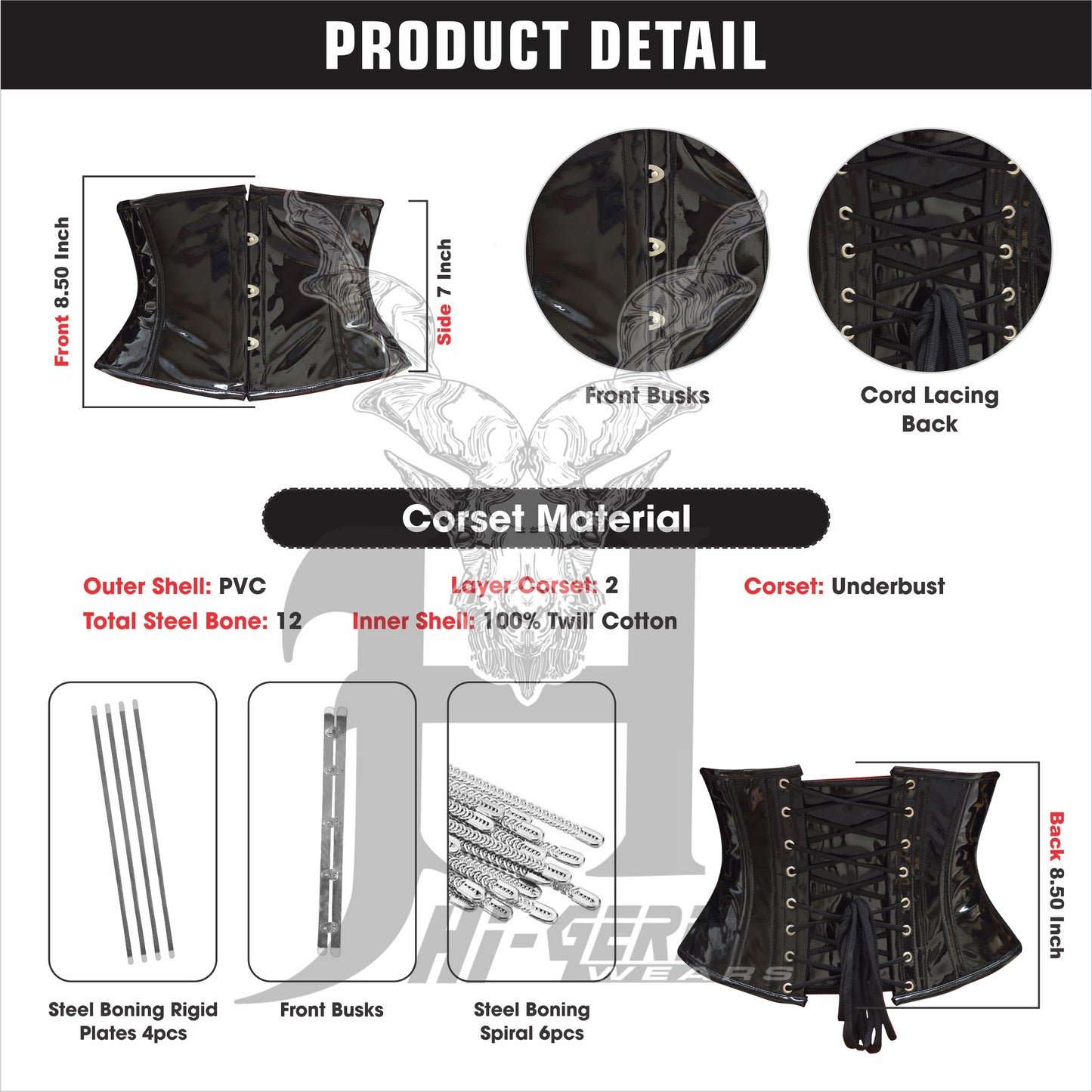 Women’s Underbust Black PVC Corset – Steel Boned – Short Torso | Unterbrust Korsett Schwarz Kurz Torso