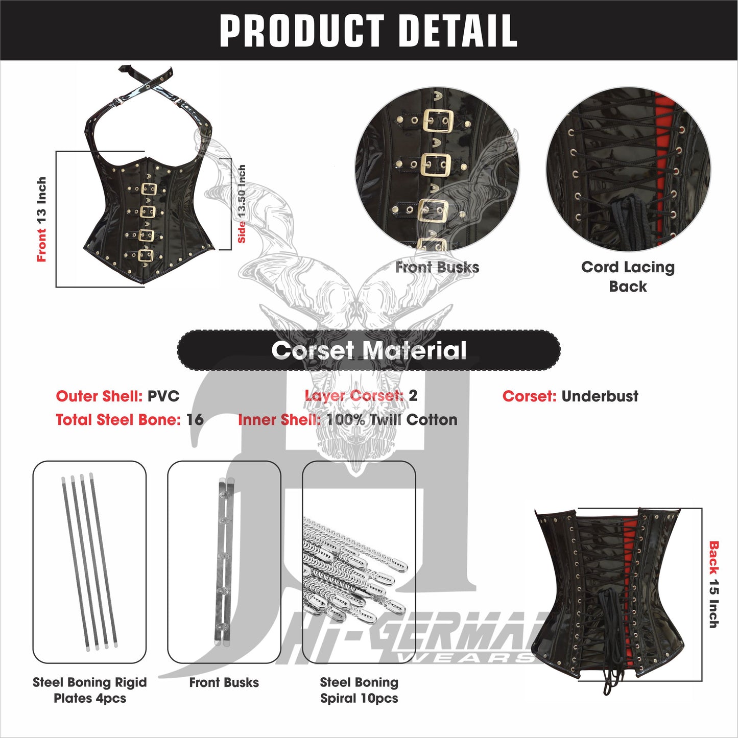 Women’s Black PVC Underbust Corset – Gothic Steampunk Waist Trainer with Shoulder Straps | Unterbrust Korsett Schwarz Steampunk