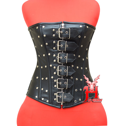 Women's Heavy Duty Steel Boned Black Gothic Leather Waist Trainer Body shaper Front Zip Closure