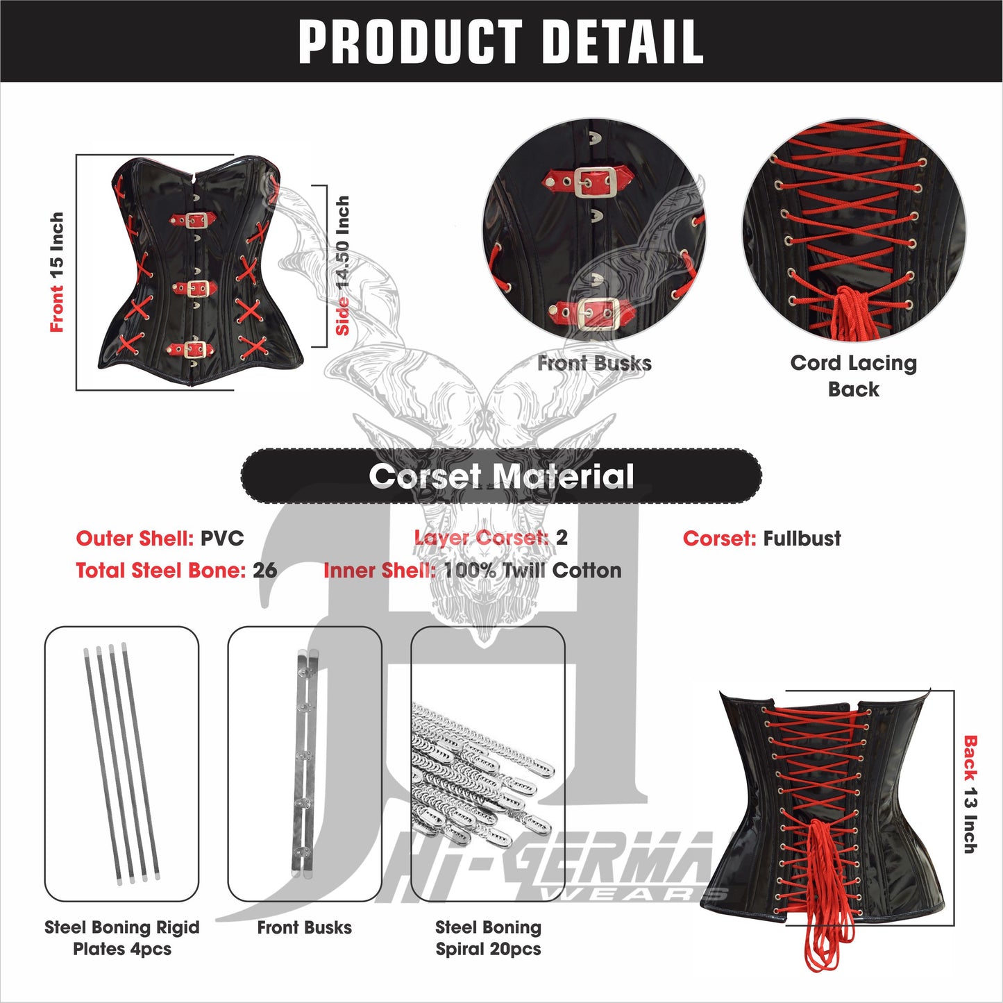 Women’s Black PVC Corset with Red Laces – Gothic Waist Trainer – Steel Boned | Schwarzes PVC Korsett mit Roten Schnüren