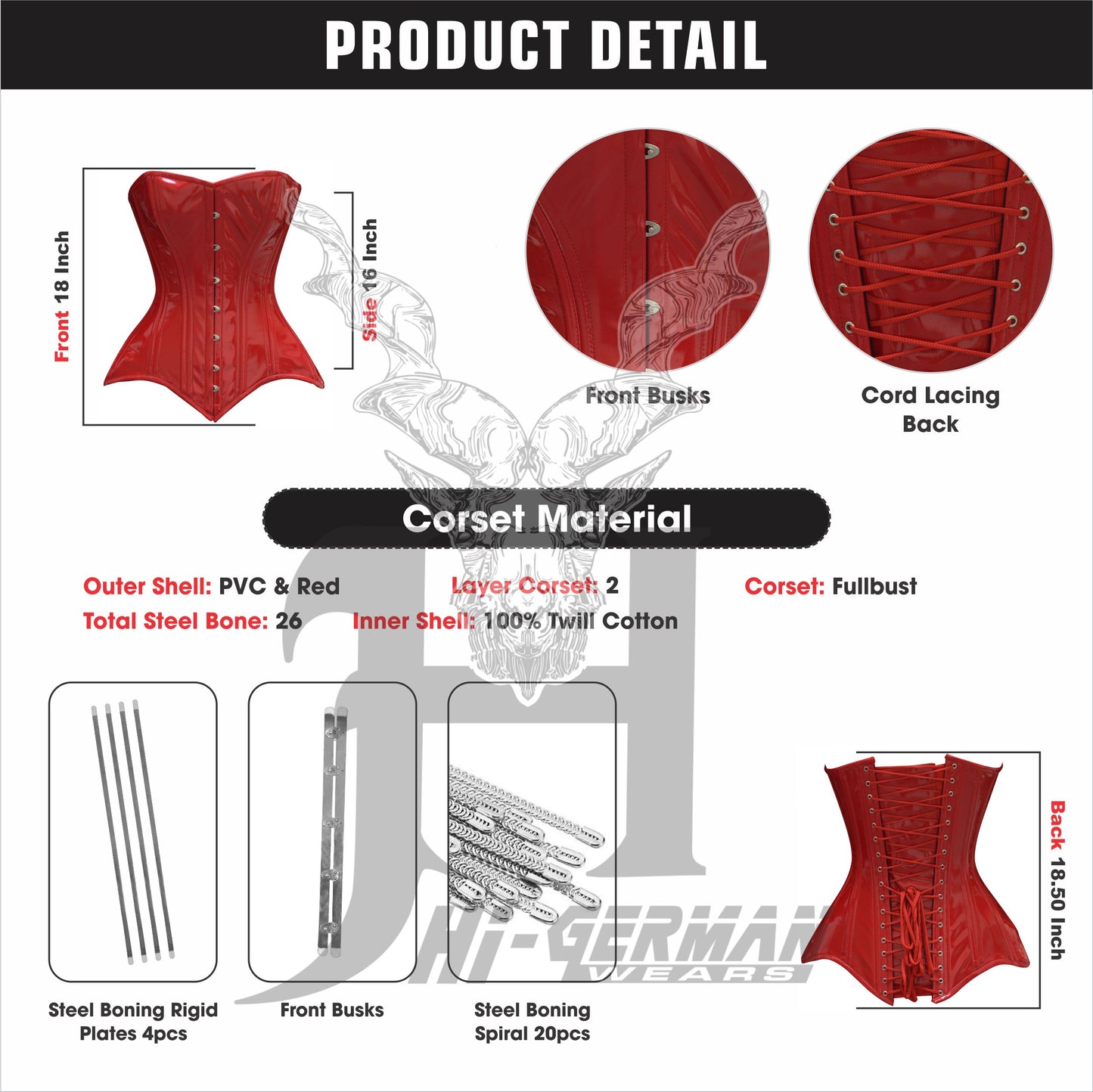 Women’s Overbust Red PVC Corset – Long Torso – Steel Boned | Overbust Korsett Rot Lang Torso