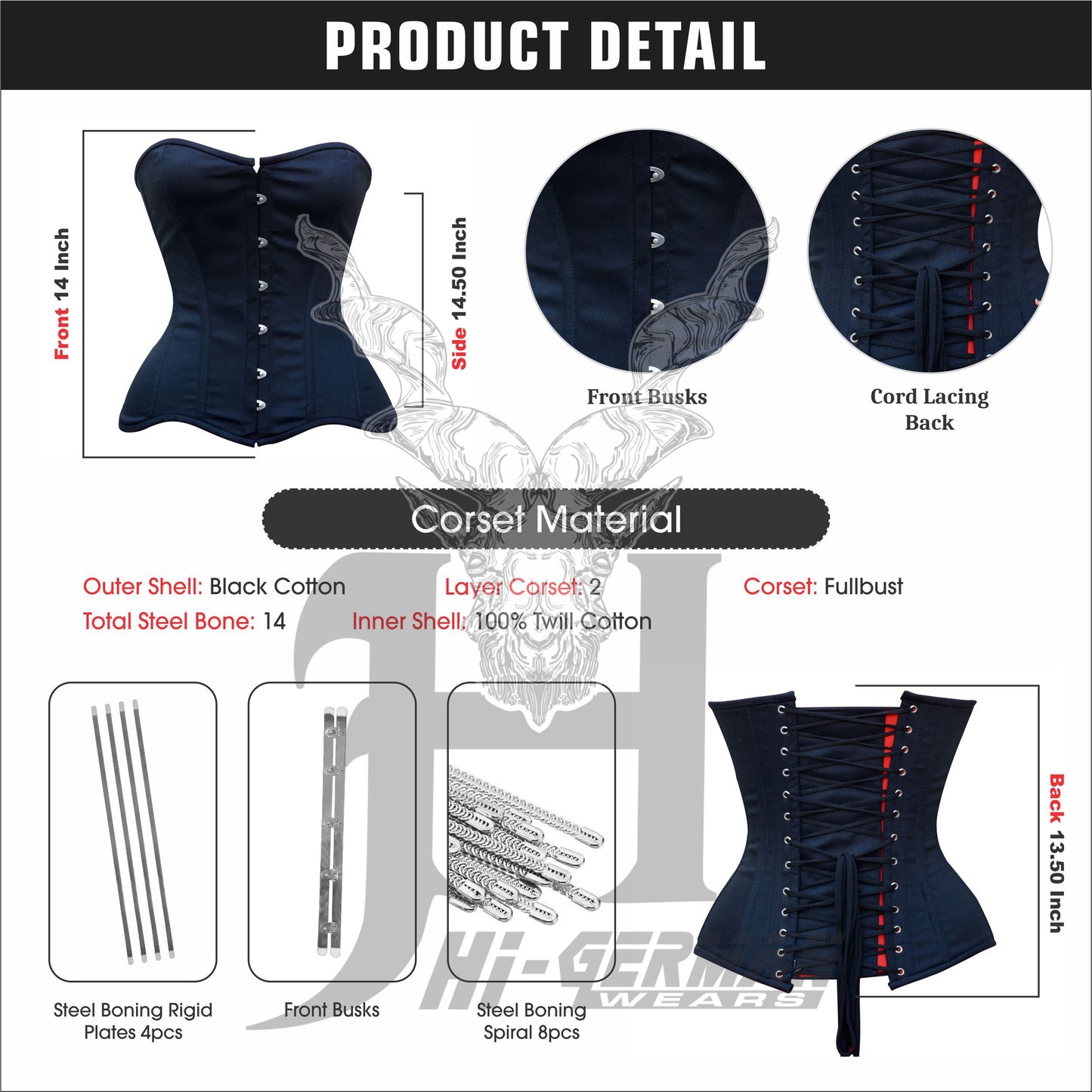 Overbust Black Cotton Steel Boned Corset Body Shaper