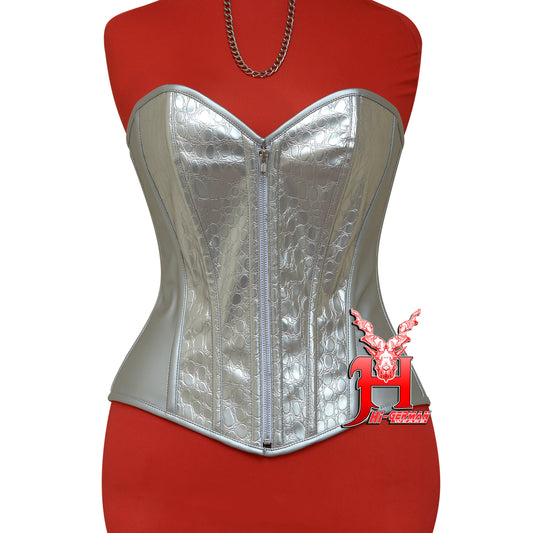 Women's Heavy Duty Steel Boned Overbust Waist Training Snake Print Faux Corset Front Zip Closure
