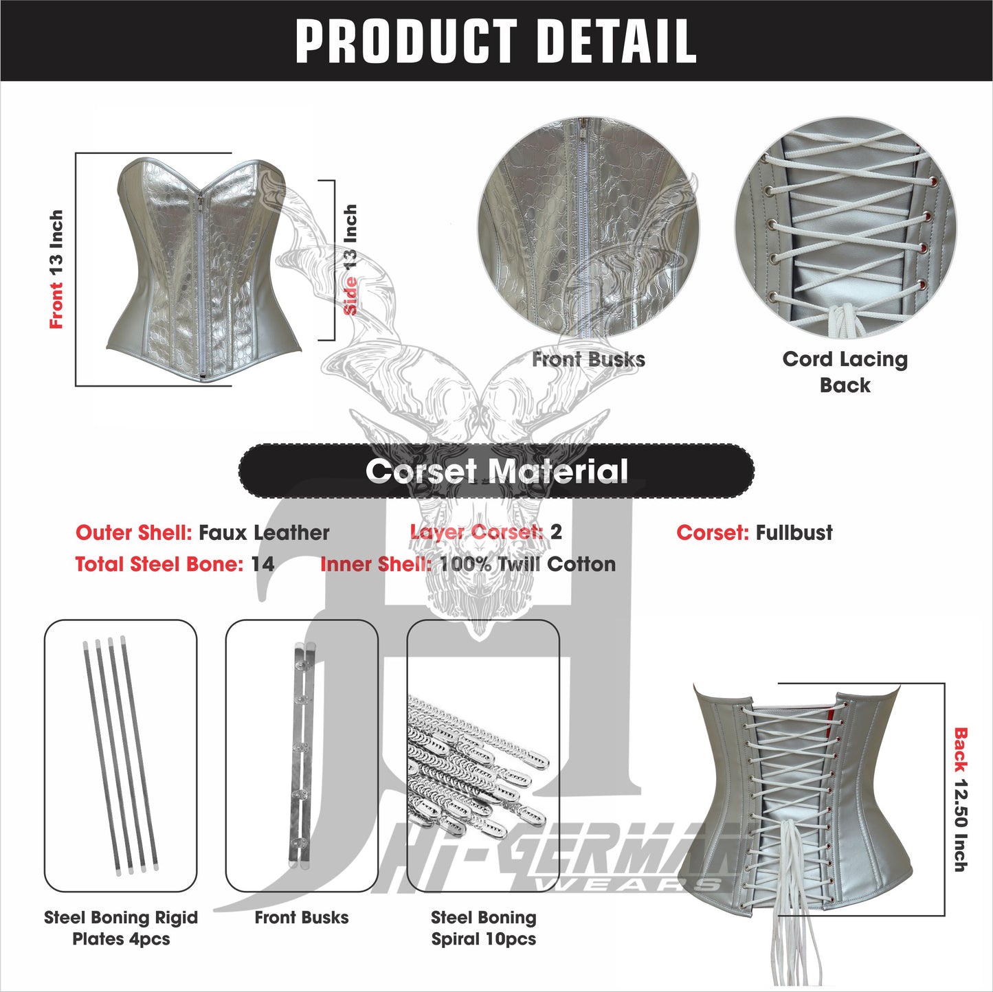 Women's Heavy Duty Steel Boned Overbust Waist Training Snake Print Faux Corset Front Zip Closure