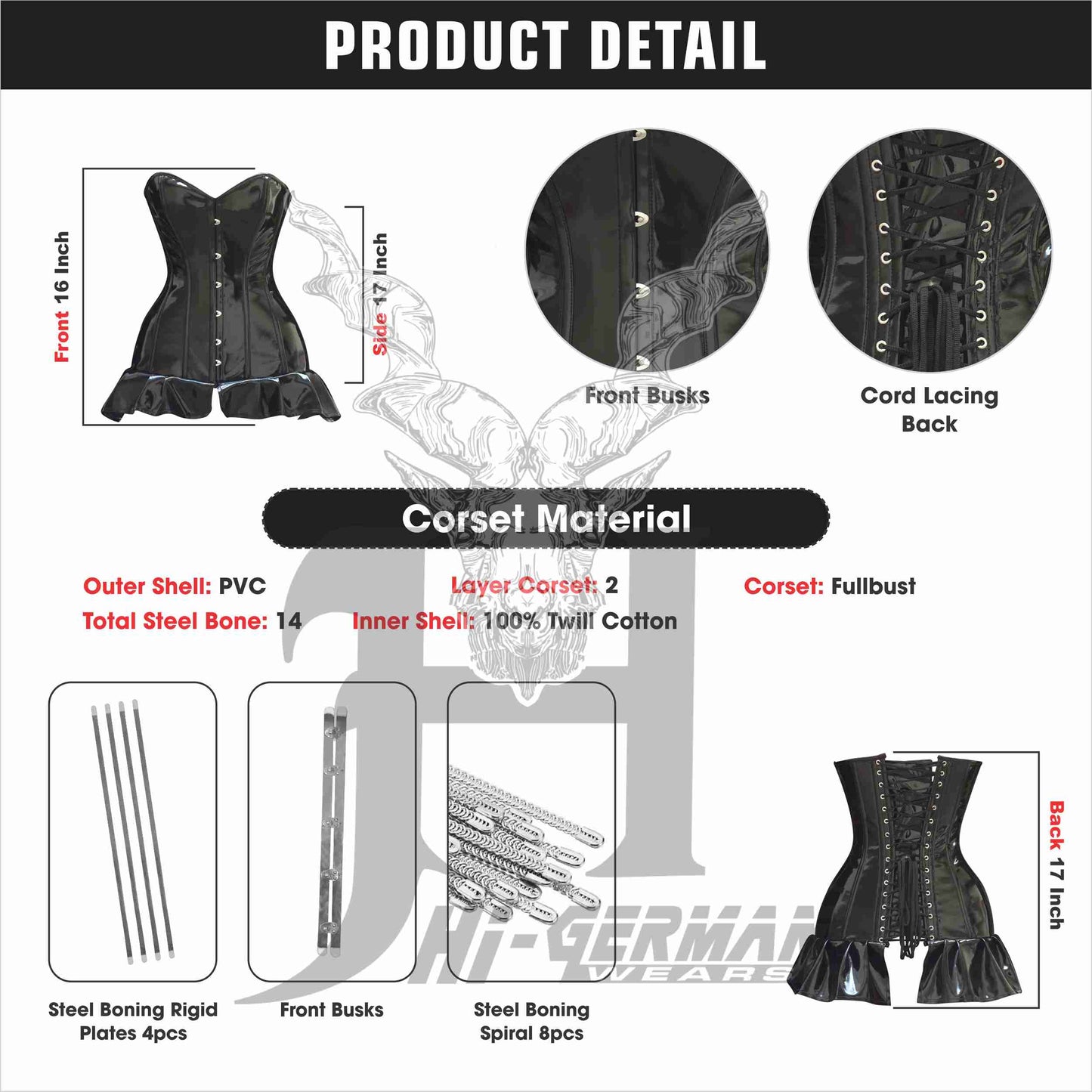 Women’s Black PVC Overbust Corset – Steel Boned – Gothic Frock Waist Trainer | Overbust Korsett Schwarz Gothic