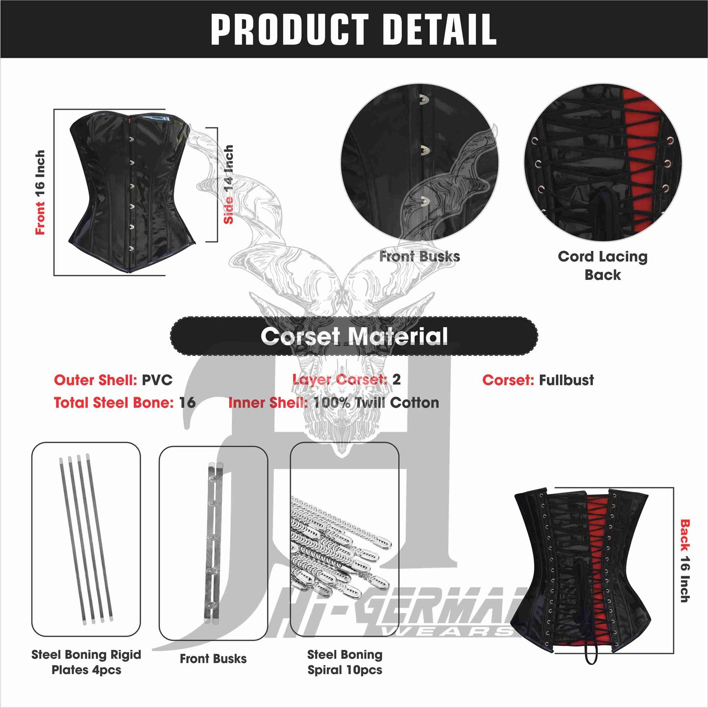 Women’s Overbust Black PVC Corset – Steel Boned – Gothic Waist Training | Overbust Korsett Schwarz