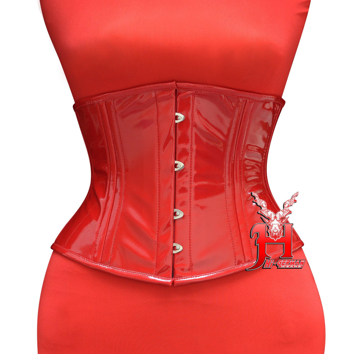 Women’s Underbust Red PVC Corset – Double Steel Boned – Short Torso – Waist Training | Unterbrust Korsett Rot Doppelstahlnähte Kurz Torso