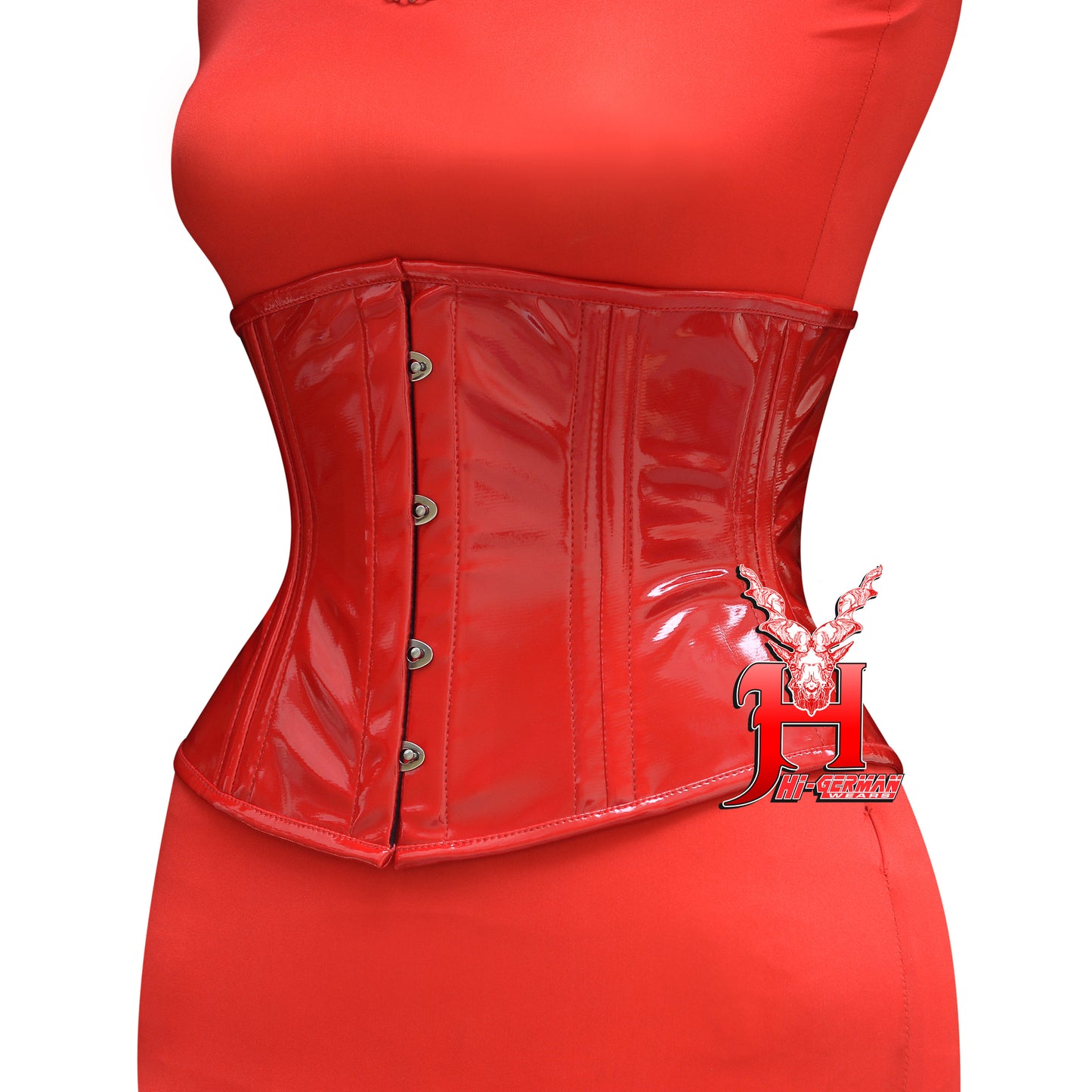 Women’s Underbust Red PVC Corset – Double Steel Boned – Short Torso – Waist Training | Unterbrust Korsett Rot Doppelstahlnähte Kurz Torso