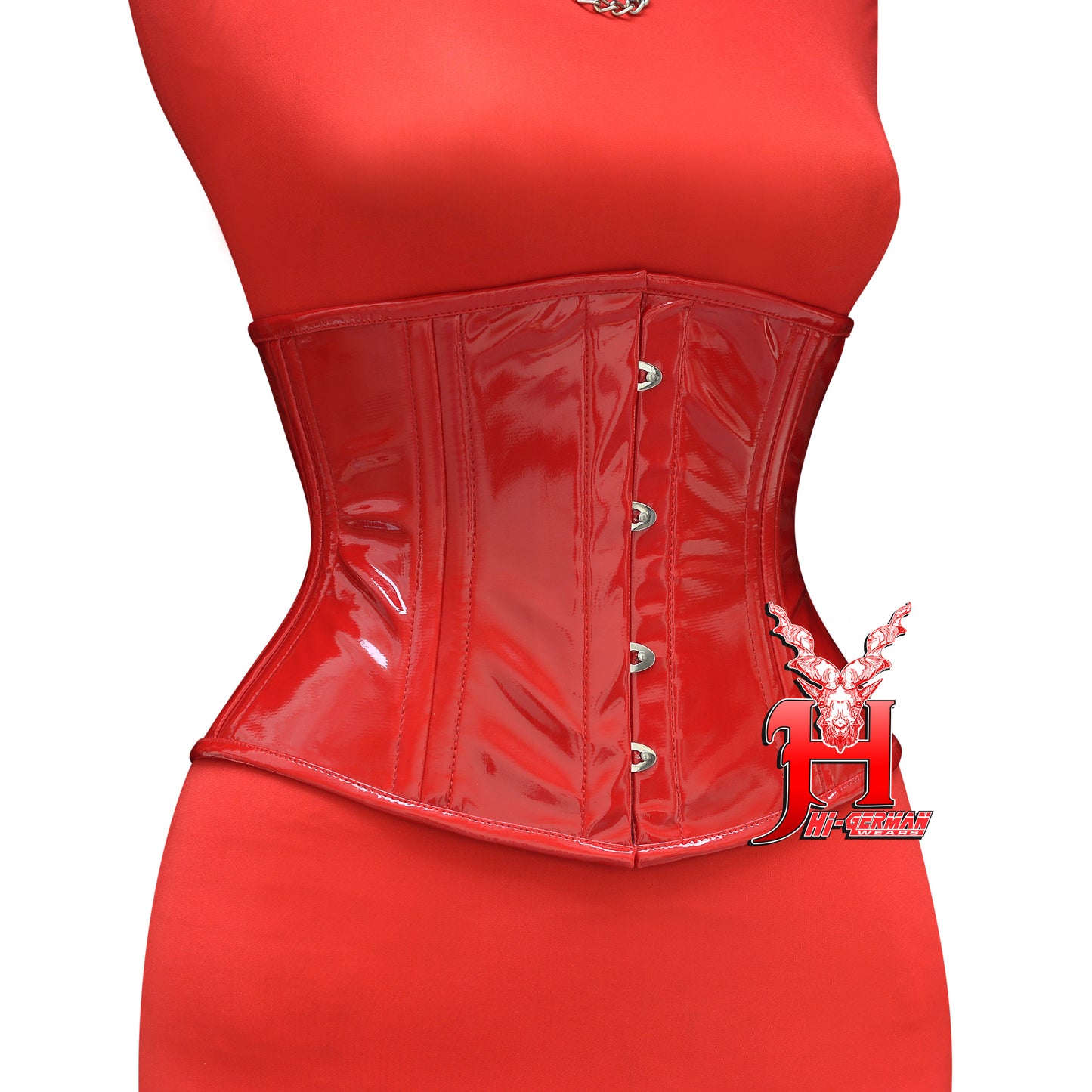 Women’s Underbust Red PVC Corset – Double Steel Boned – Short Torso – Waist Training | Unterbrust Korsett Rot Doppelstahlnähte Kurz Torso