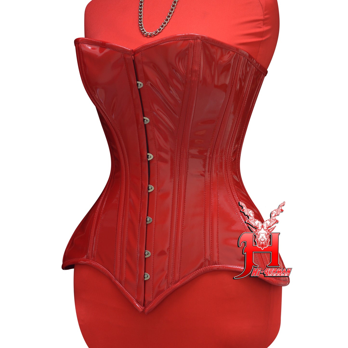 Women’s Overbust Red PVC Corset – Long Torso – Steel Boned | Overbust Korsett Rot Lang Torso