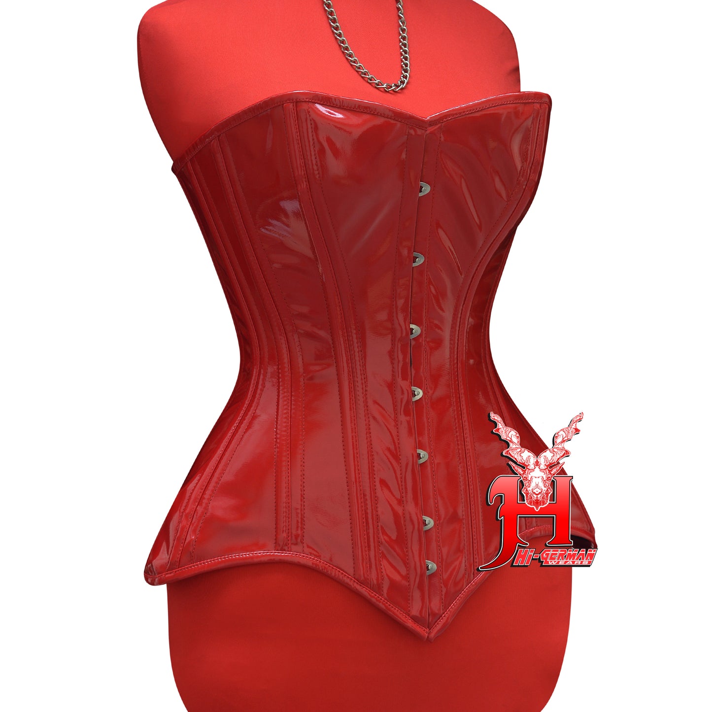Women’s Overbust Red PVC Corset – Long Torso – Steel Boned | Overbust Korsett Rot Lang Torso