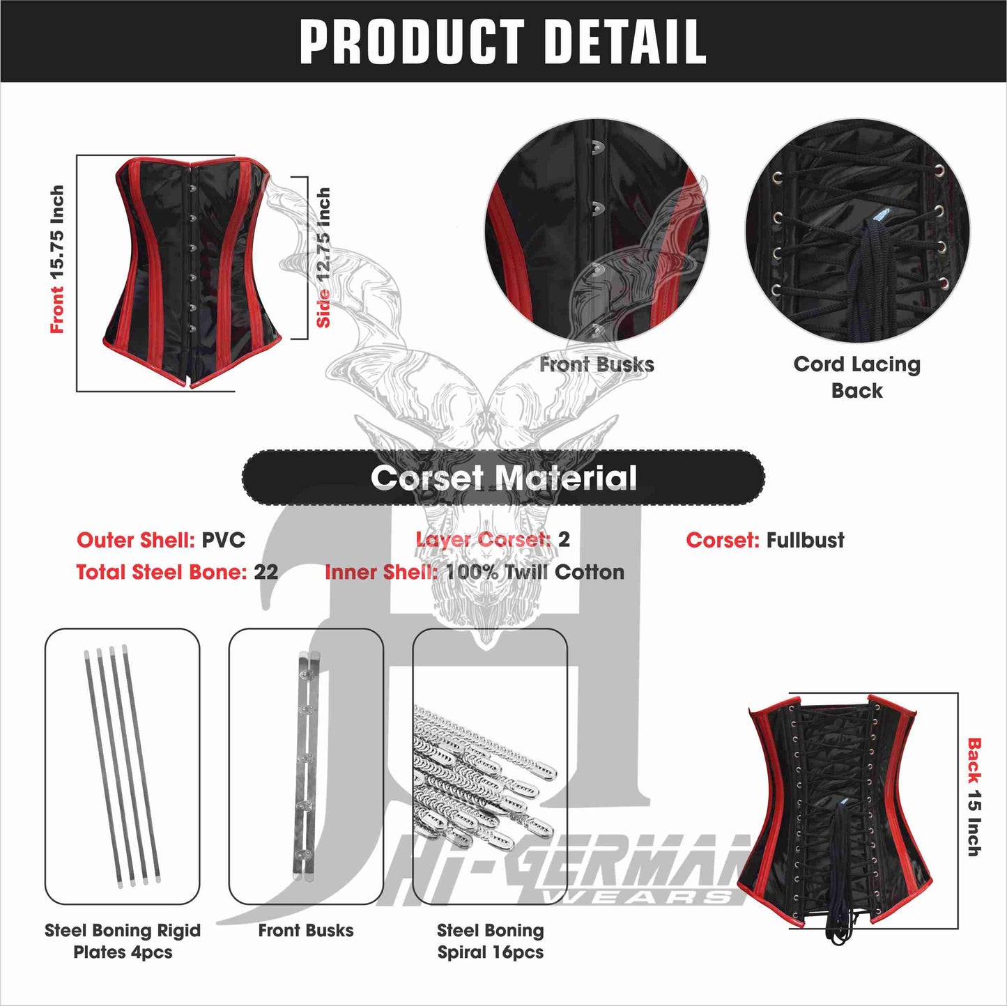 Women’s Overbust Black & Red PVC Corset – Steel Boned – Gothic Waist Training | Overbust Korsett Schwarz & Rot