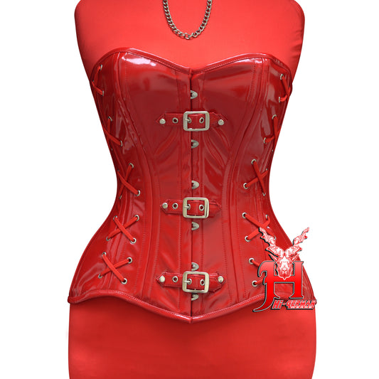 Women’s Red PVC Corset – Gothic Waist Trainer – Steel Boned | Rotes PVC Korsett Gothic