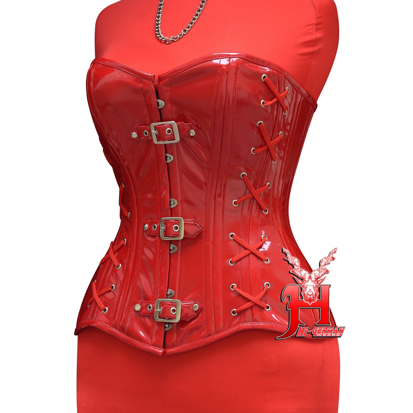 Women’s Red PVC Corset – Gothic Waist Trainer – Steel Boned | Rotes PVC Korsett Gothic