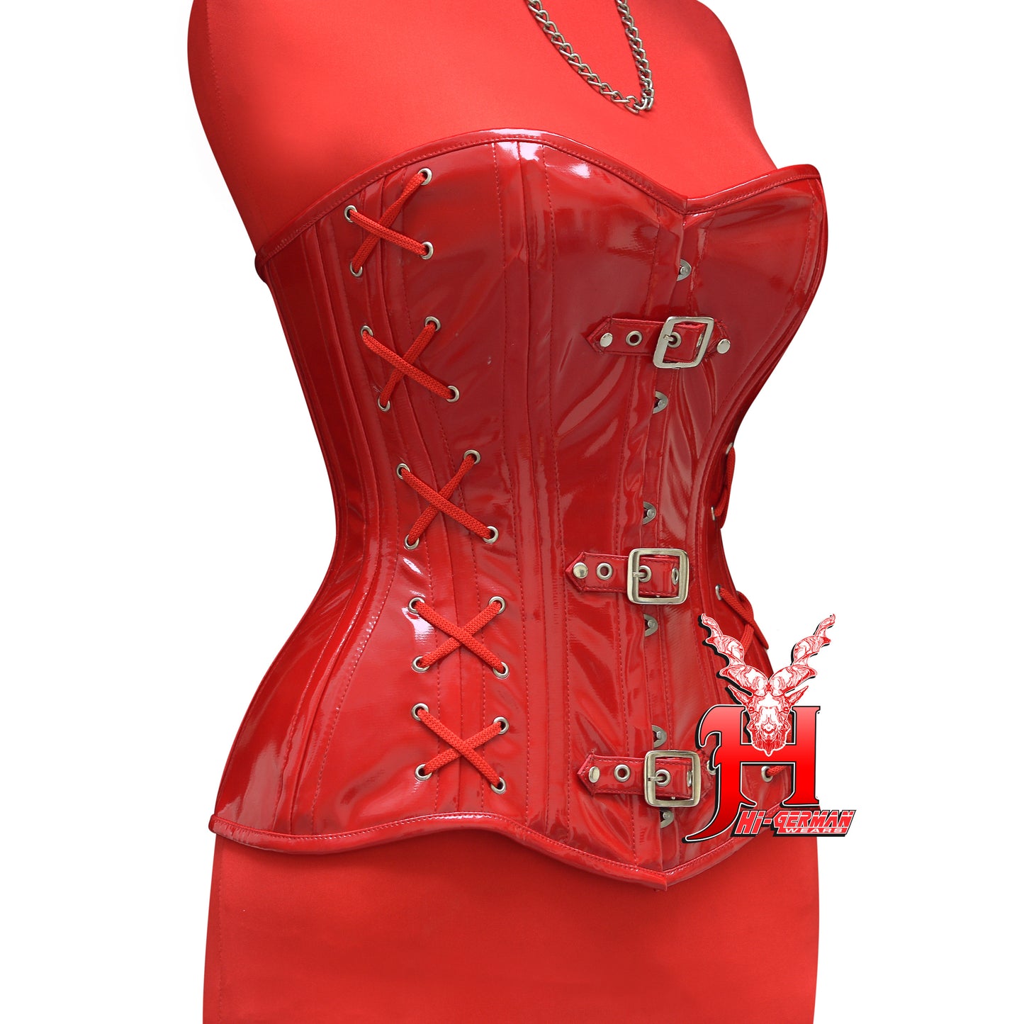 Women’s Red PVC Corset – Gothic Waist Trainer – Steel Boned | Rotes PVC Korsett Gothic