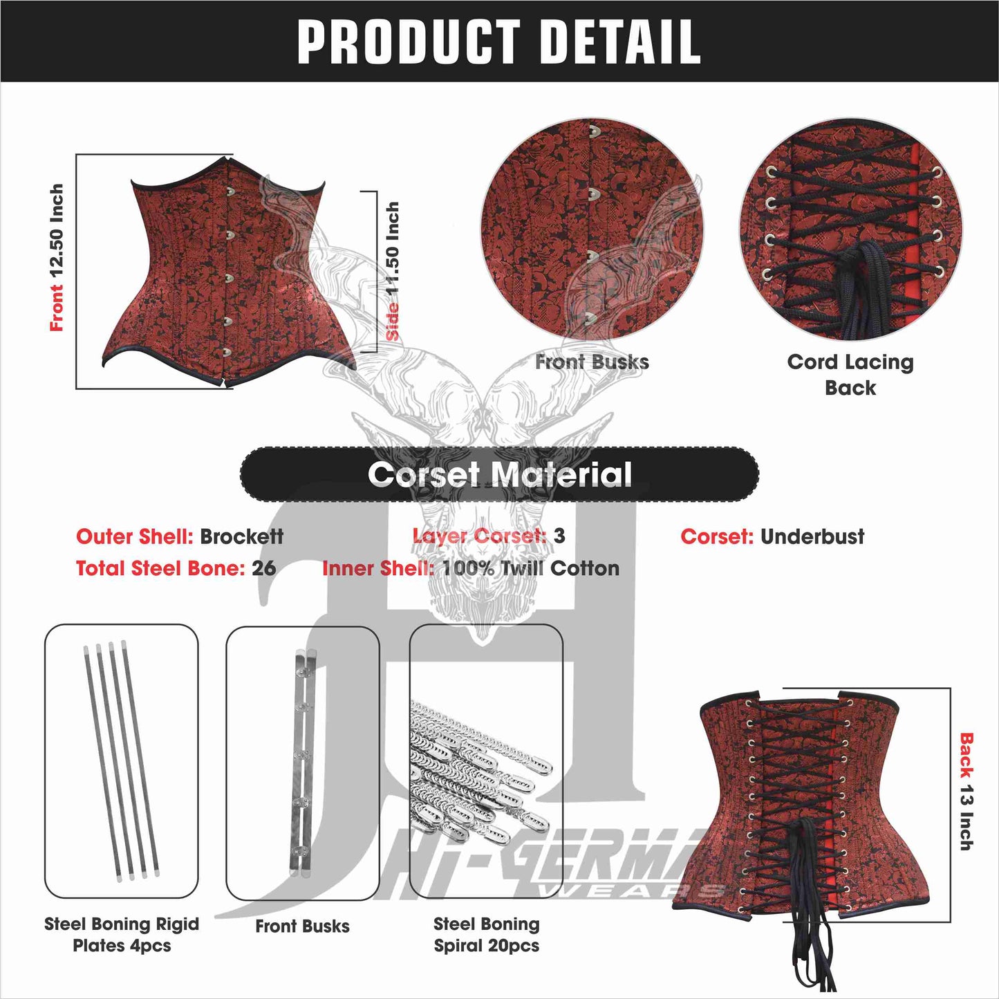 Underbust Red Brocade Corset for Women – Double Steel Boned Gothic Waist Trainer, Curvy Shape / Unterbrust Korsett Damen
