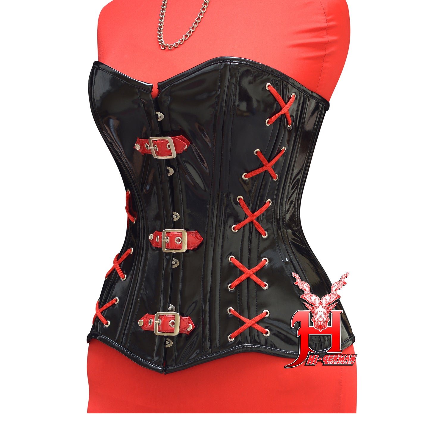 Women’s Black PVC Corset with Red Laces – Gothic Waist Trainer – Steel Boned | Schwarzes PVC Korsett mit Roten Schnüren