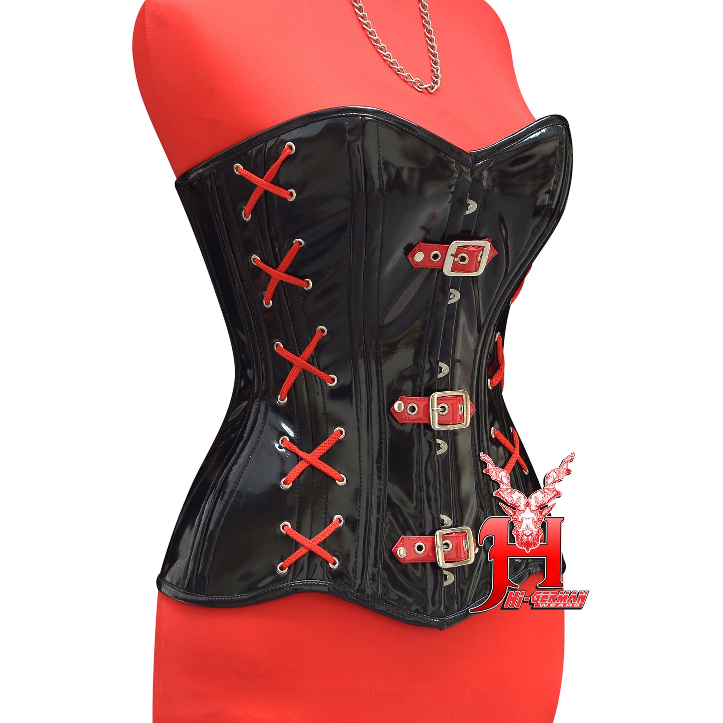 Women’s Black PVC Corset with Red Laces – Gothic Waist Trainer – Steel Boned | Schwarzes PVC Korsett mit Roten Schnüren