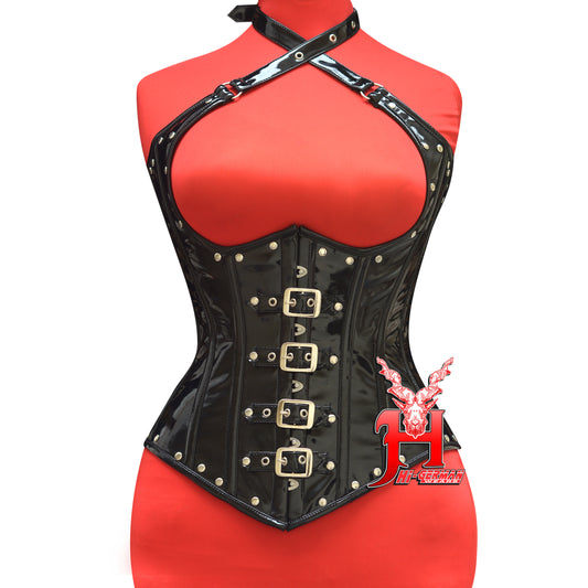 Women’s Black PVC Underbust Corset – Gothic Steampunk Waist Trainer with Shoulder Straps | Unterbrust Korsett Schwarz Steampunk