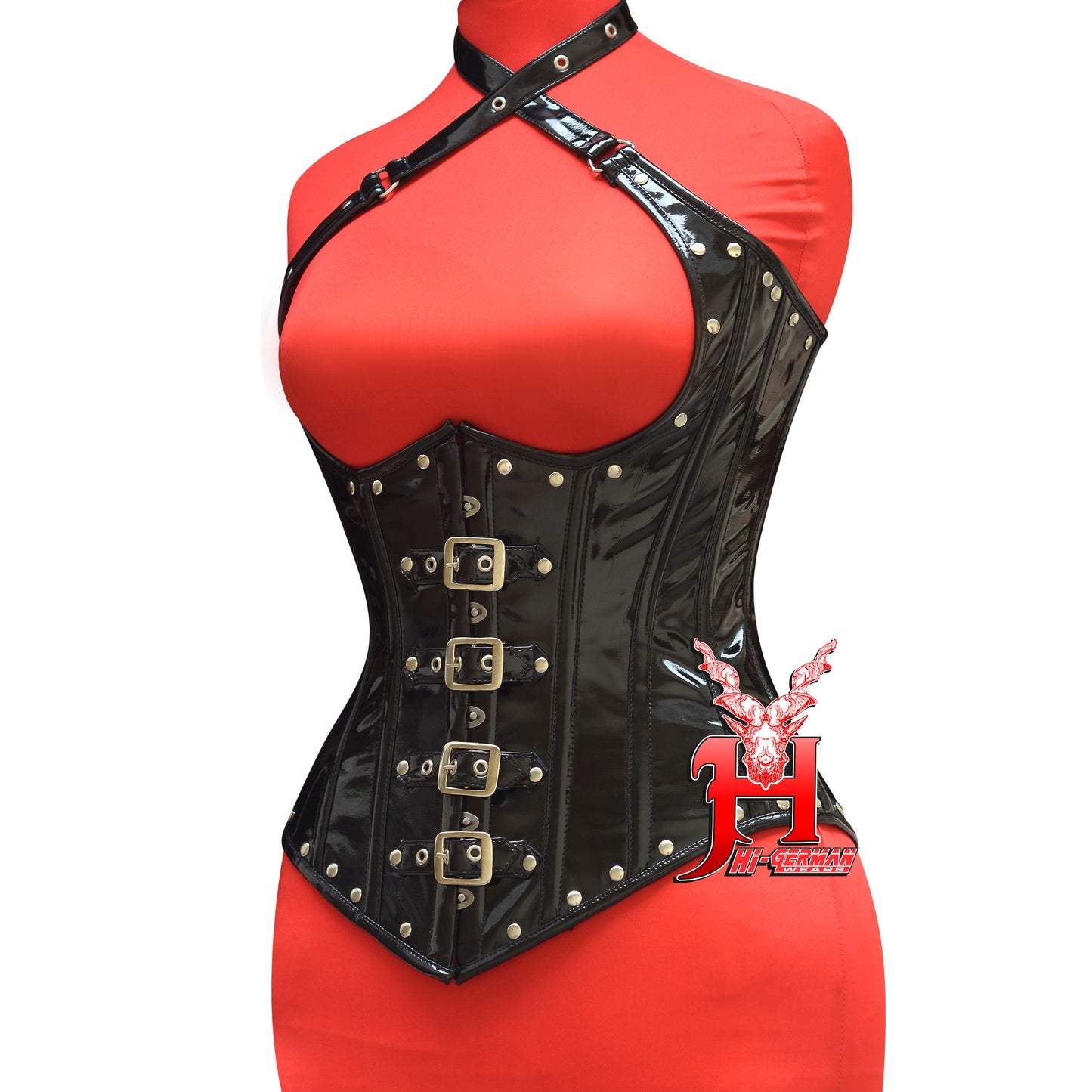 Women’s Black PVC Underbust Corset – Gothic Steampunk Waist Trainer with Shoulder Straps | Unterbrust Korsett Schwarz Steampunk