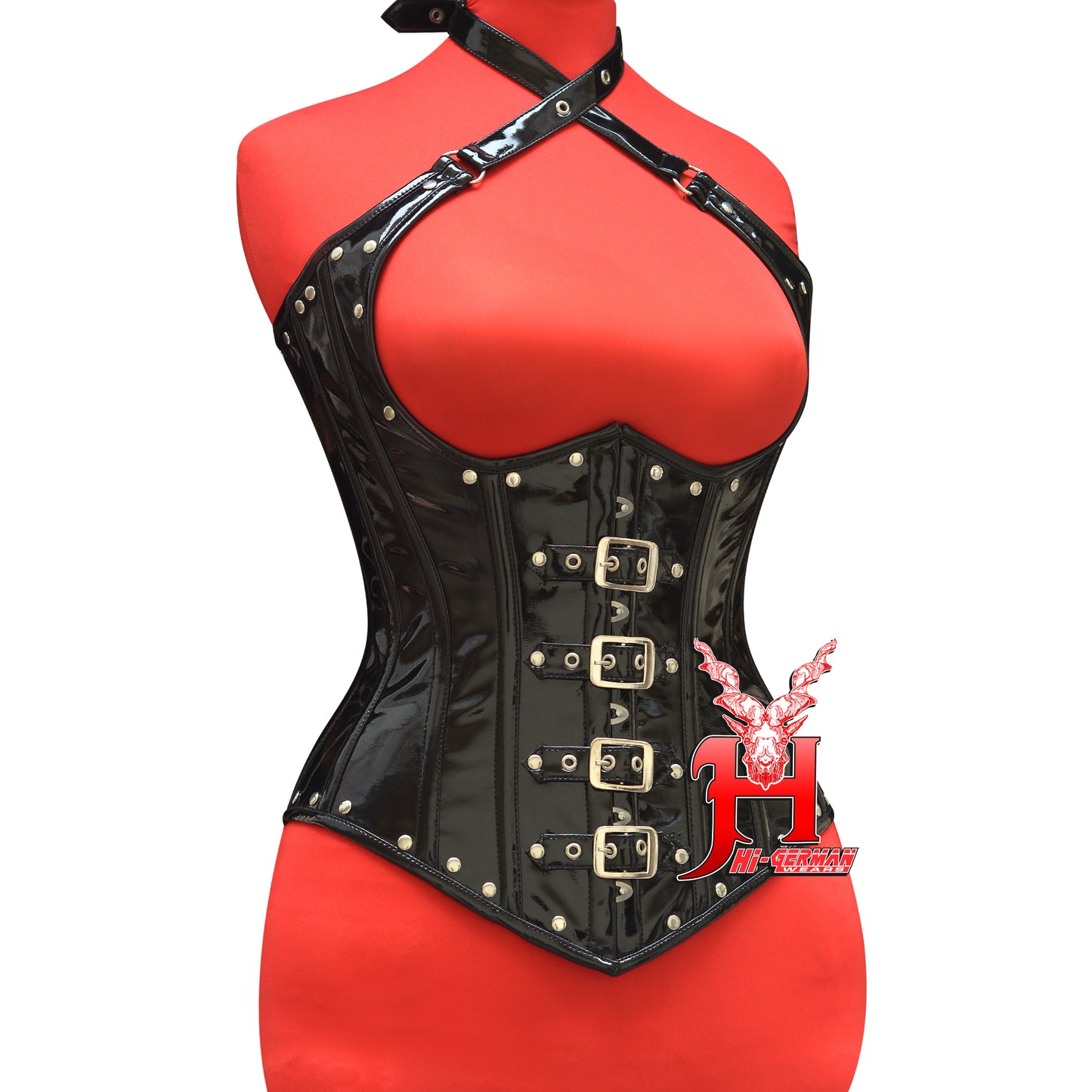 Women’s Black PVC Underbust Corset – Gothic Steampunk Waist Trainer with Shoulder Straps | Unterbrust Korsett Schwarz Steampunk