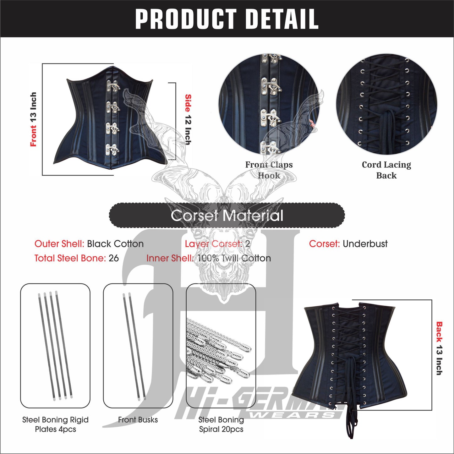Unterbrustcorsage Damen – Black Cotton Underbust Corset with Buckles & Leather