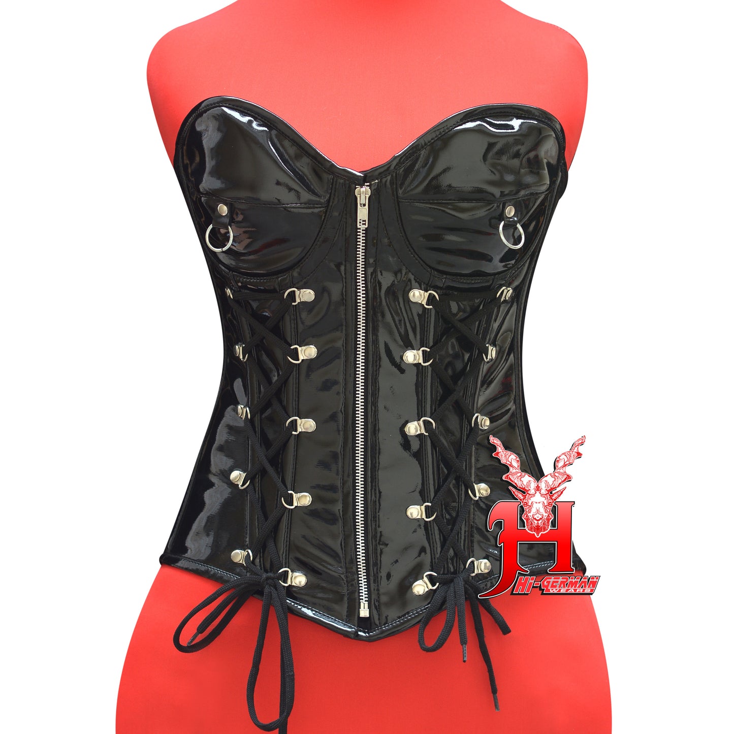 Women’s Overbust Red PVC Corset – Shiny Latex-Look – Zipper Front & Side Lacing – Steel Boned Gothic Clubwear | Overbust Korsett Rot