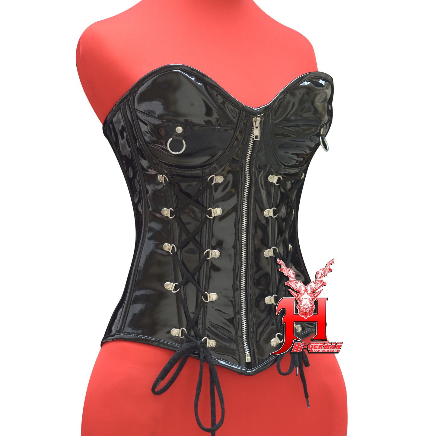 Women’s Overbust Red PVC Corset – Shiny Latex-Look – Zipper Front & Side Lacing – Steel Boned Gothic Clubwear | Overbust Korsett Rot