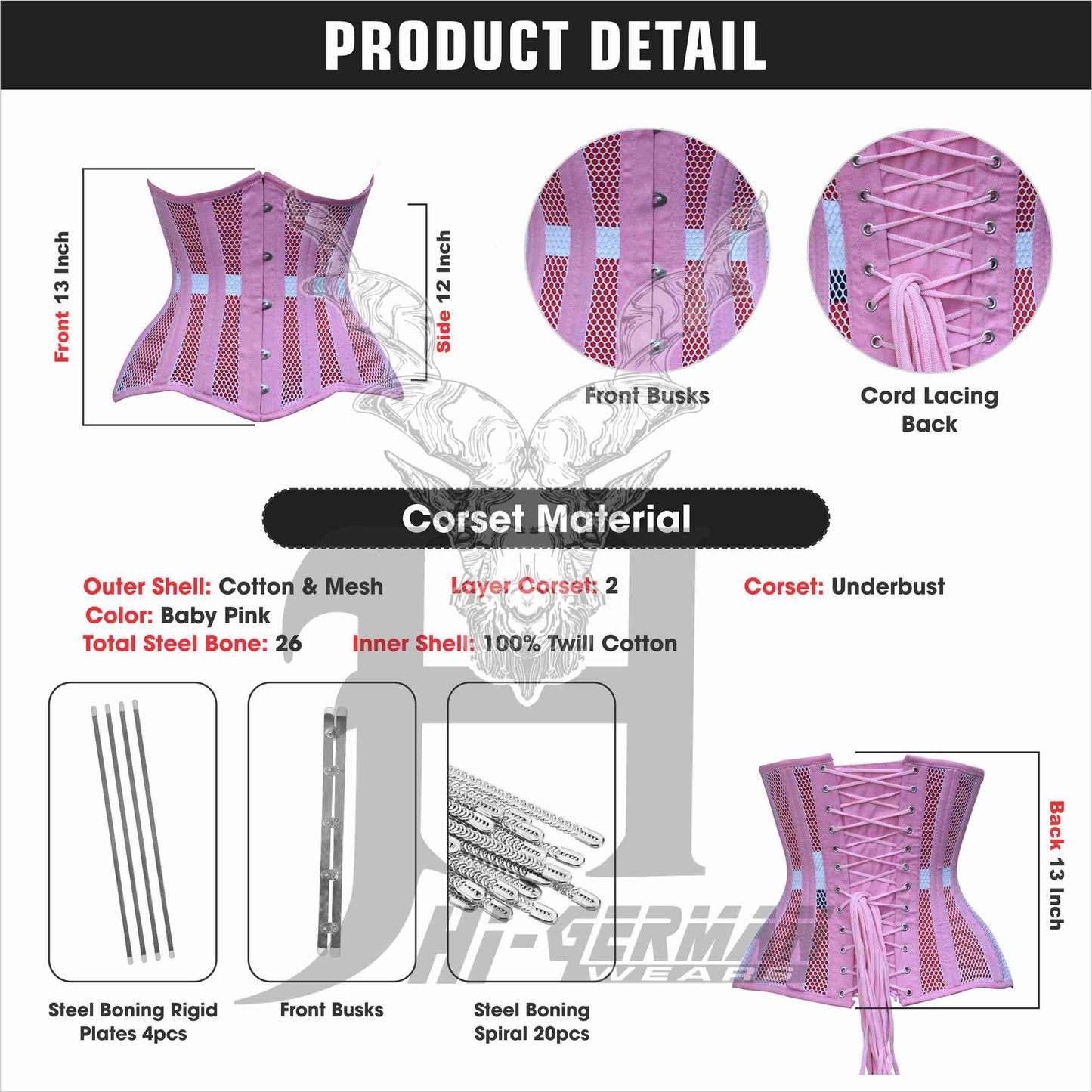 Underbust Baby Pink Mesh Corset for Women – Double Steel Boned Gothic Waist Trainer / Unterbrust Korsett Damen