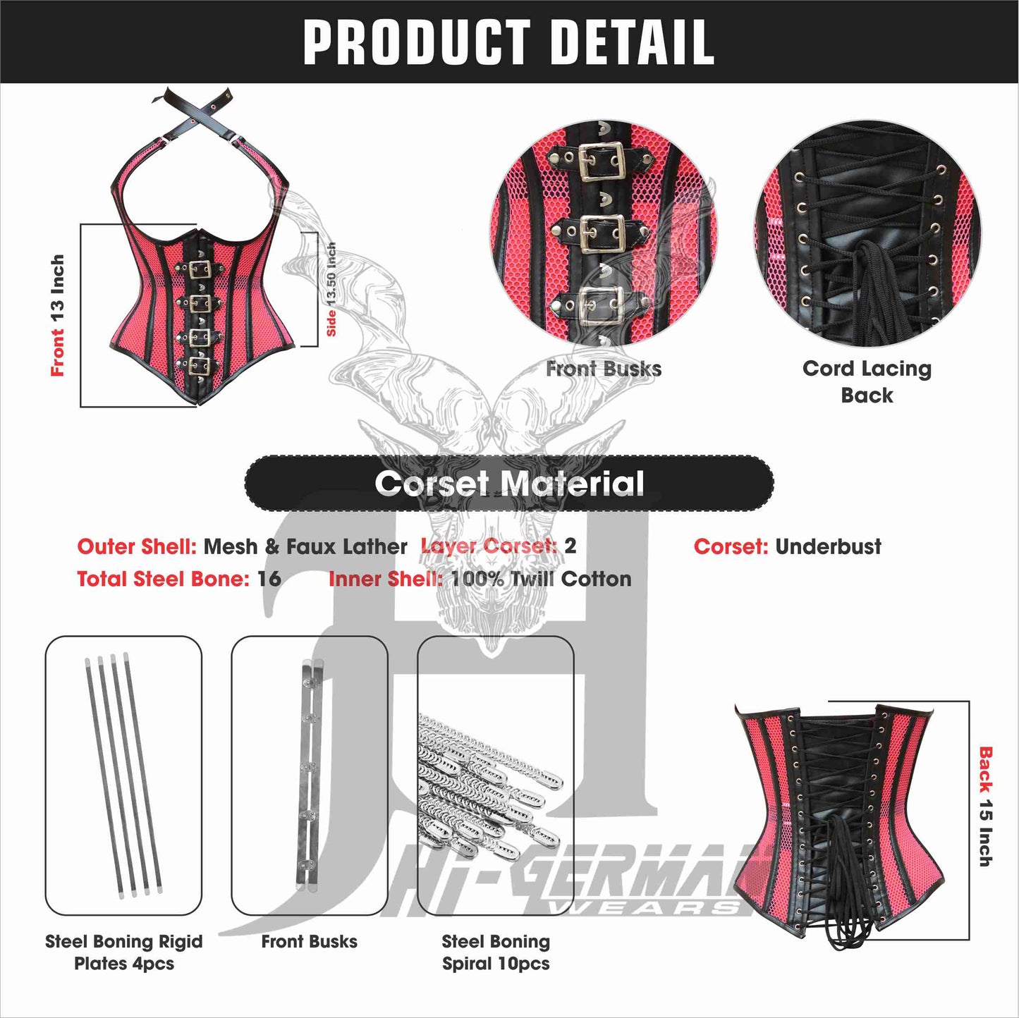 Underbust Black Faux Pink Mesh Corset for Women – Gothic Waist Trainer with Shoulder Straps / Unterbrust Korsett Damen