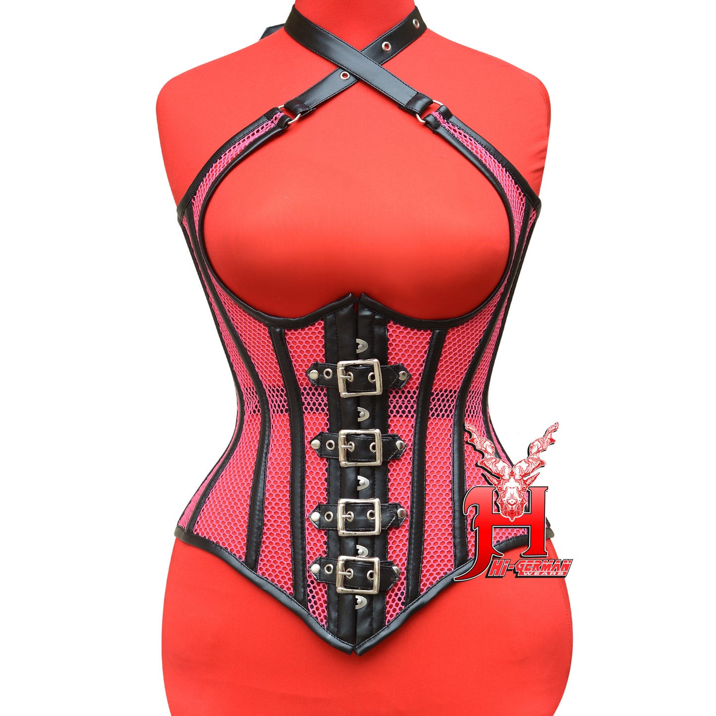 Underbust Black Faux Pink Mesh Corset for Women – Gothic Waist Trainer with Shoulder Straps / Unterbrust Korsett Damen