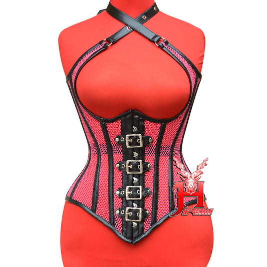 Underbust Black Faux Pink Mesh Corset for Women – Gothic Waist Trainer with Shoulder Straps / Unterbrust Korsett Damen