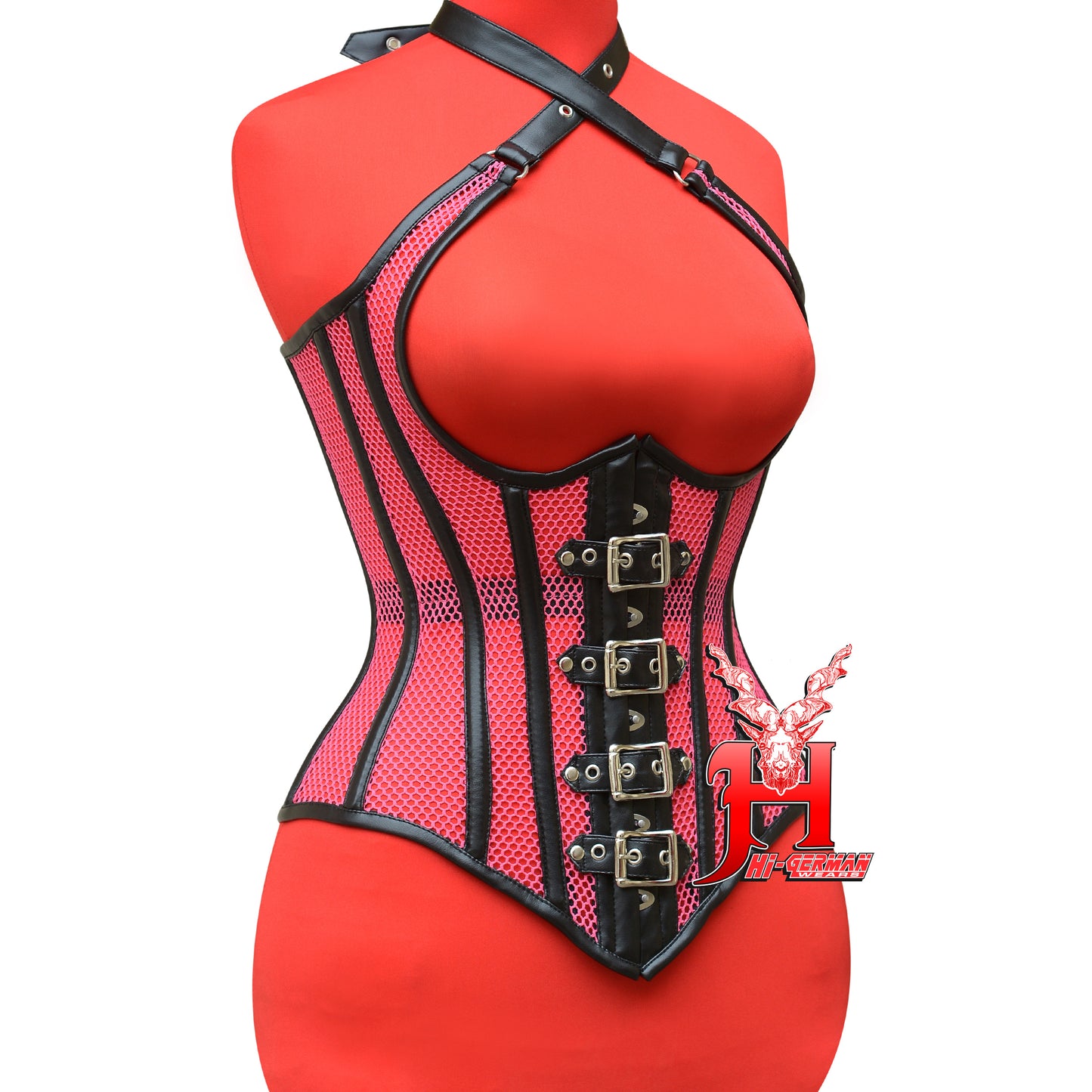 Underbust Black Faux Pink Mesh Corset for Women – Gothic Waist Trainer with Shoulder Straps / Unterbrust Korsett Damen