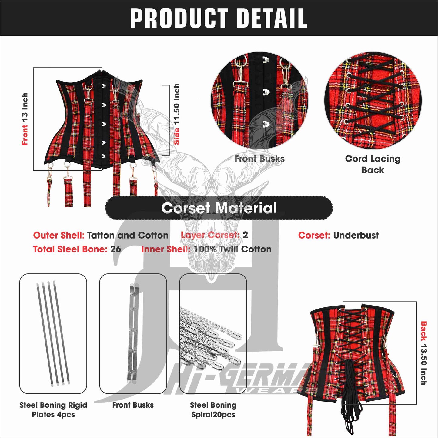 Damen Korsett – Red Tartan Steampunk Victorian Corset / Steel Boned Cotton