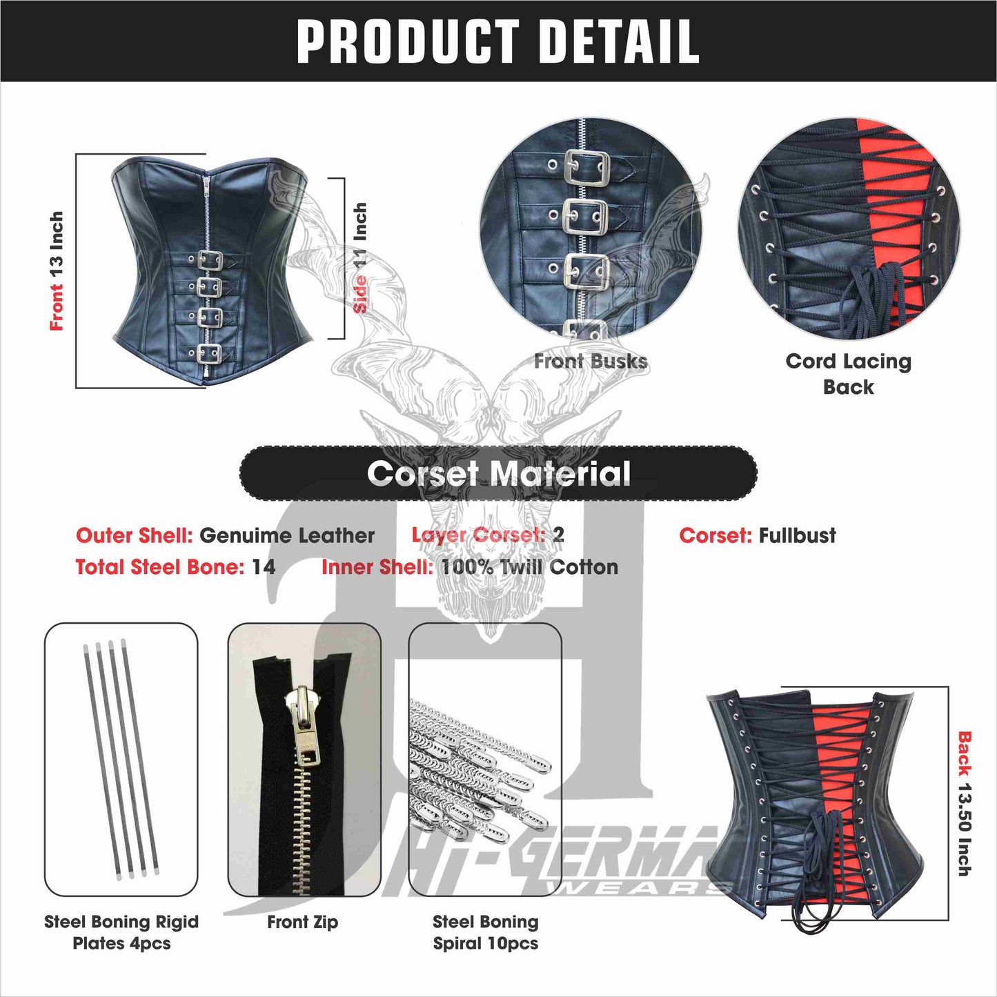 Women's Overbust Corsage Black Leather Corset Gothic Zip Corsets Front Zip Closure Body Shaper