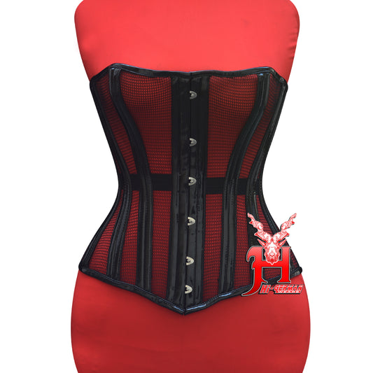 Overbust Black PVC Mesh Corset for Women – Double Steel Boned Gothic Waist Trainer, Clubwear Corset, Sexy Corset Top / Überbrust Korsett Damen