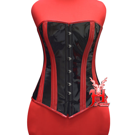 Women’s Overbust Black & Red PVC Corset – Steel Boned – Gothic Waist Training | Overbust Korsett Schwarz & Rot